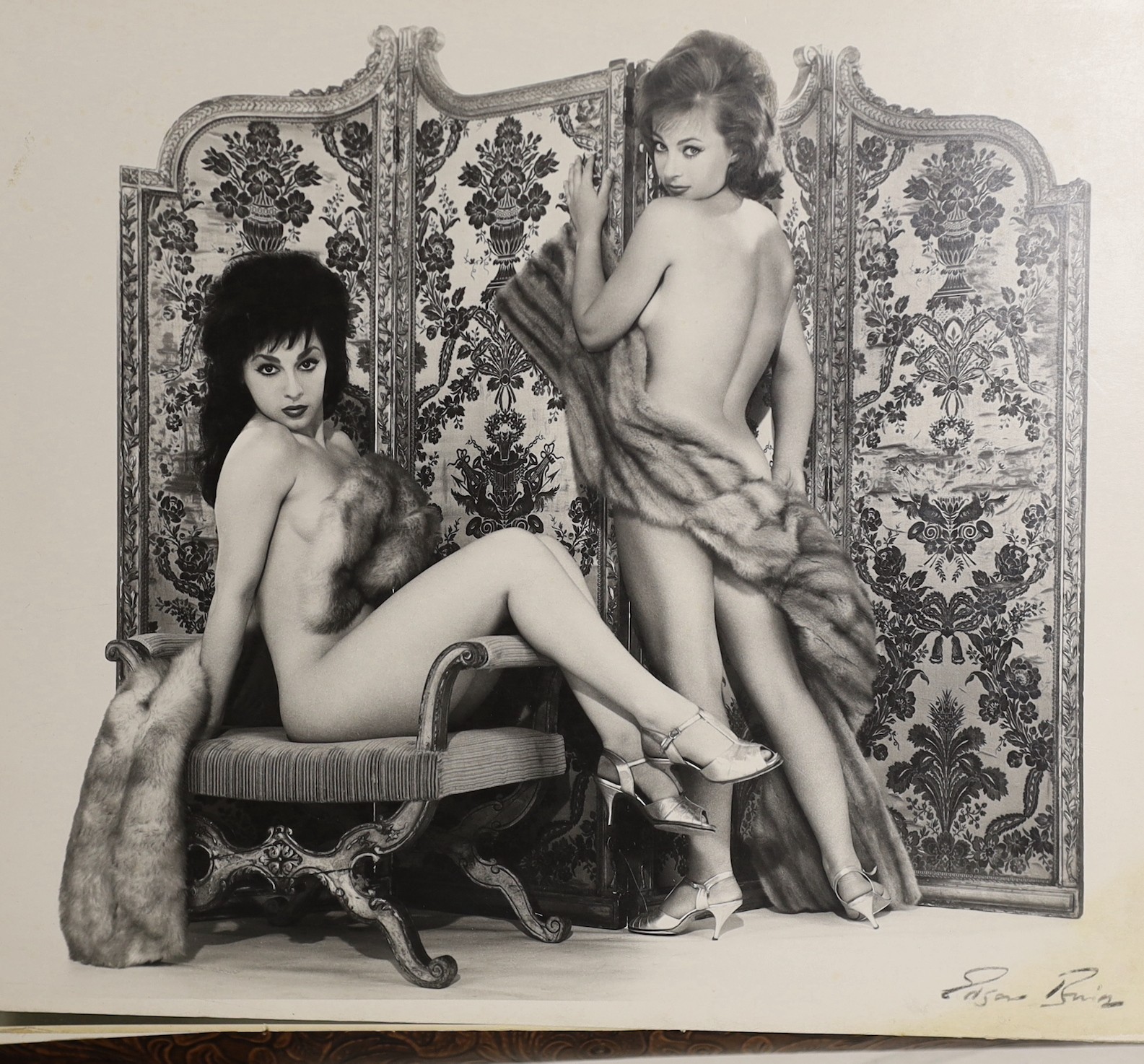 A collection of black and white 1960’s photos from the Windmill Theatre, London, some signed by the photographer together with a Mauchline ware album containing photos of Sussex
